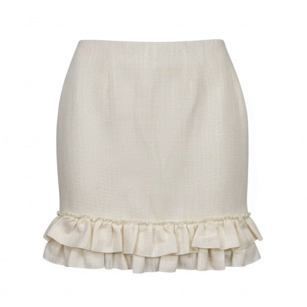 NEW Nanette Lepore Cream Gold Metallic Short Straight Peplum Ruffle Skirt 6